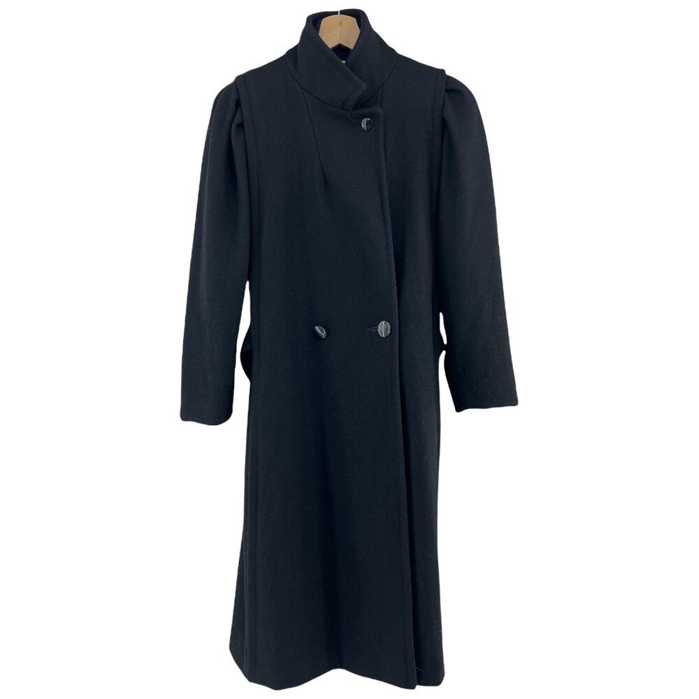 Vtg 70s Jill Jr Black Wool Opera Trench Coat Minimalist Goth Duster USA MEDIUM - Picture 4 of 12